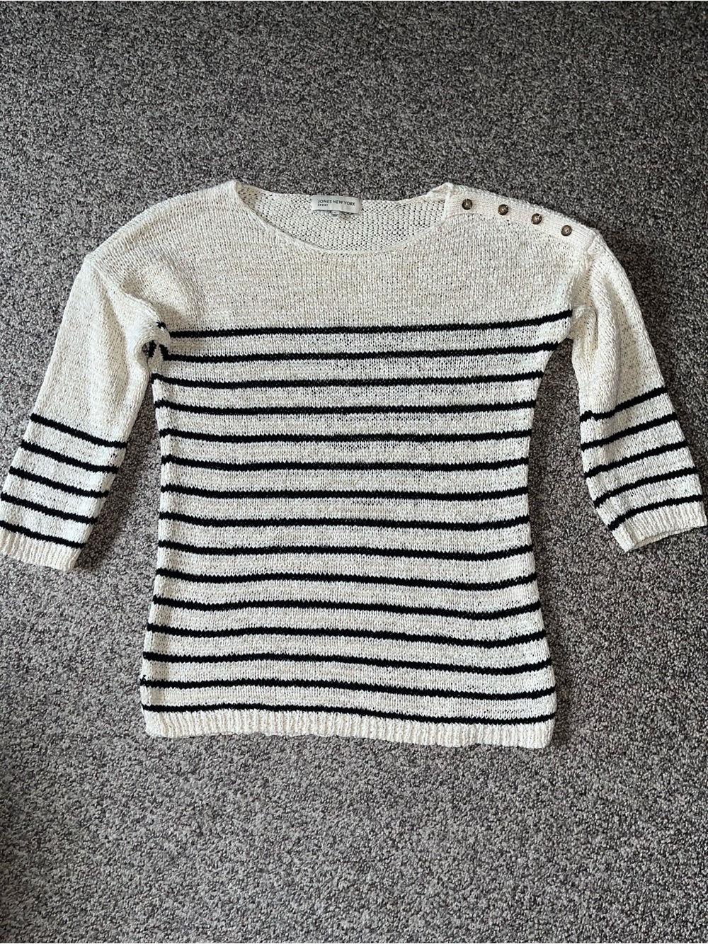 Jones New York Cream and Black Striped Boatneck Sweater with Shoulder Buttons